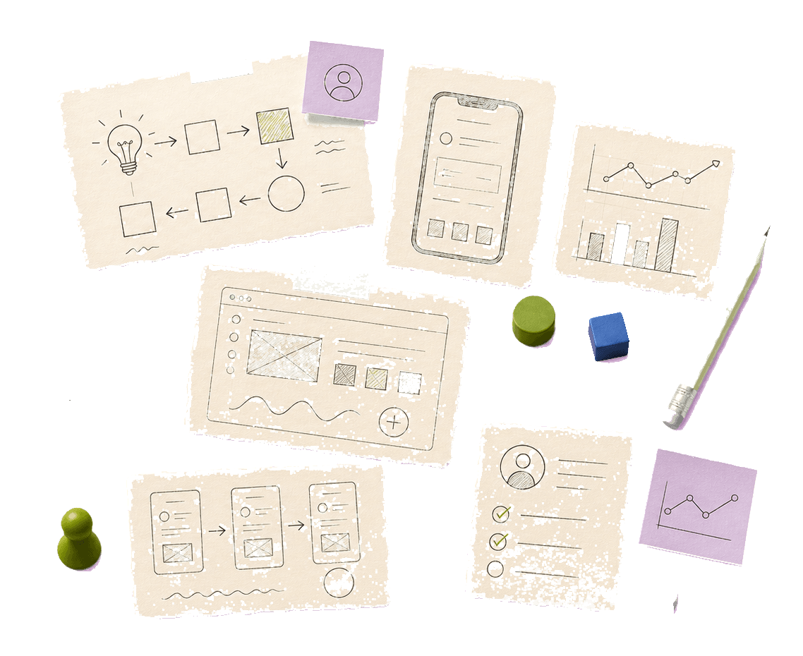 Offenes Notebook mit Wireframes, Sticky Notes, Stift und Workshop-Skizzen