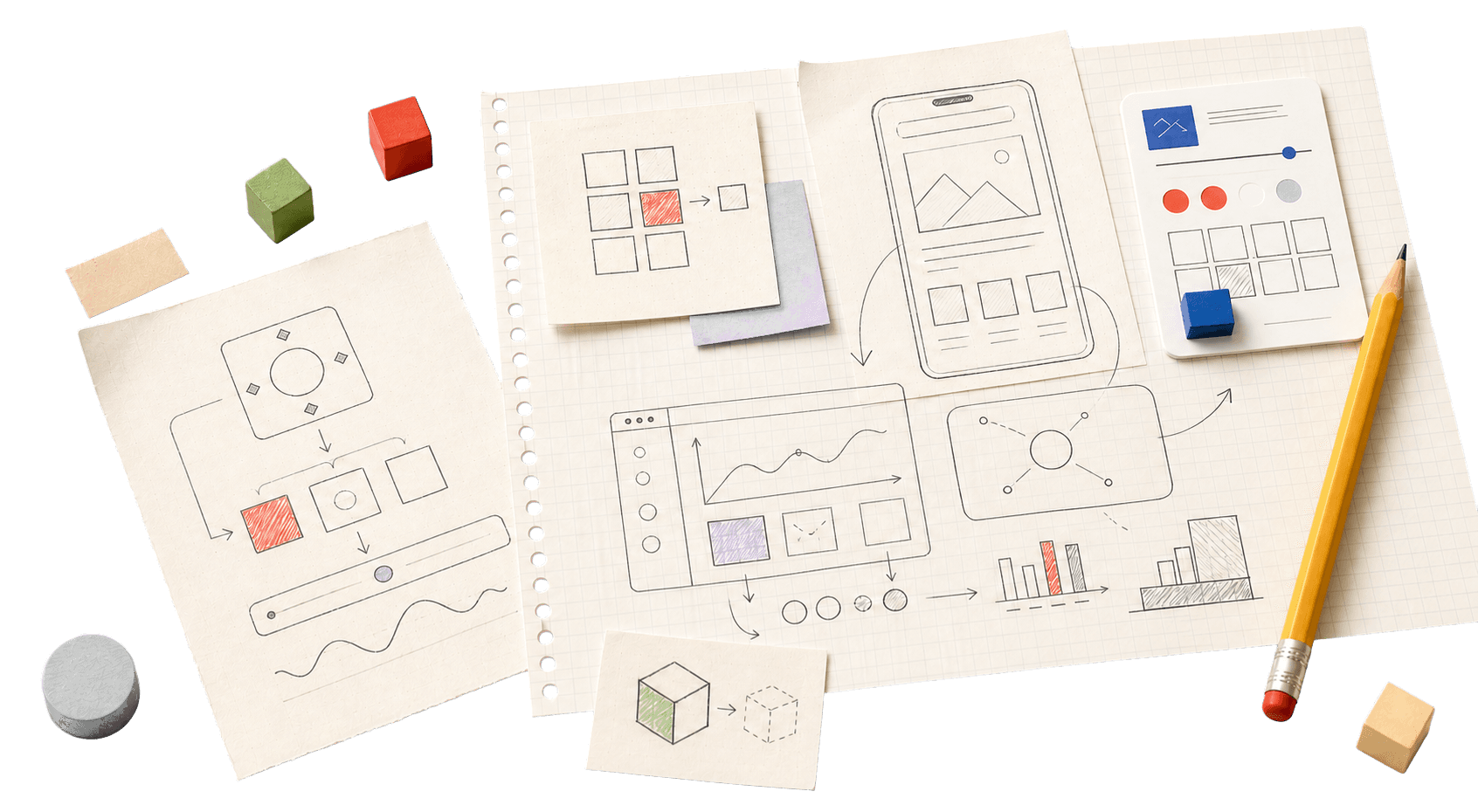 Papier-Prototypen, Skizzen und Spielobjekte auf einem Studio-Schreibtisch